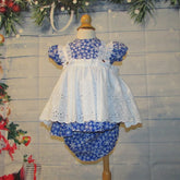 3 Pc. Blue Snowflake Christmas Dress with White eyelet Apron and matching Panties